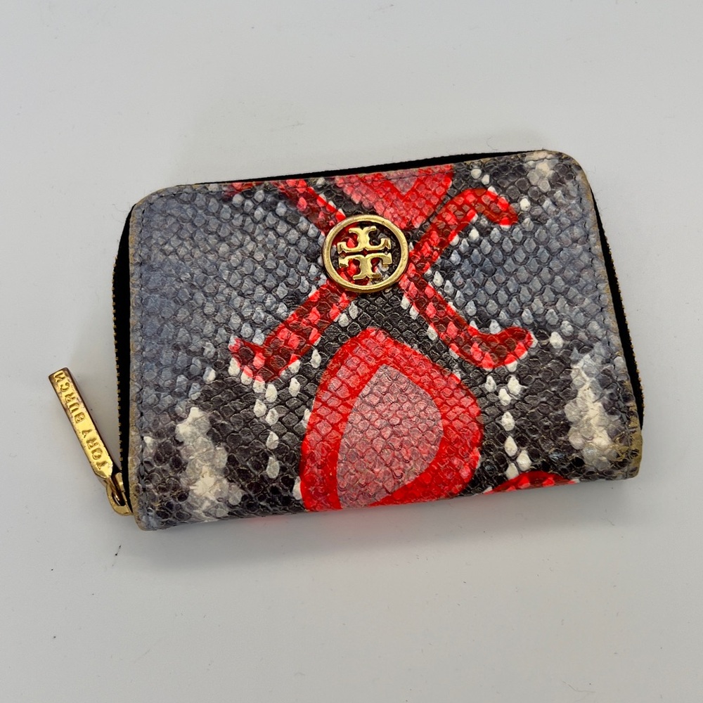 Tory Burch Red, Black & White Python-Print Zip Wallet